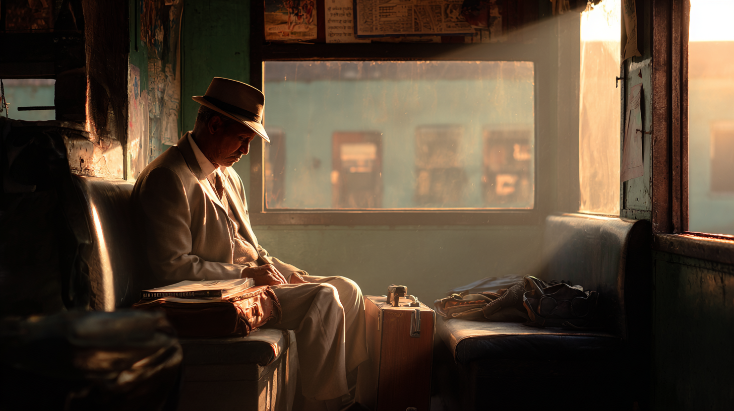 A man in a suit and hat is sitting in a dimly lit train compartment, illuminated by warm sunlight streaming through the window. He appears to be reading or writing, with a briefcase and a suitcase beside him. The scene conveys a sense of nostalgia and tranquility.