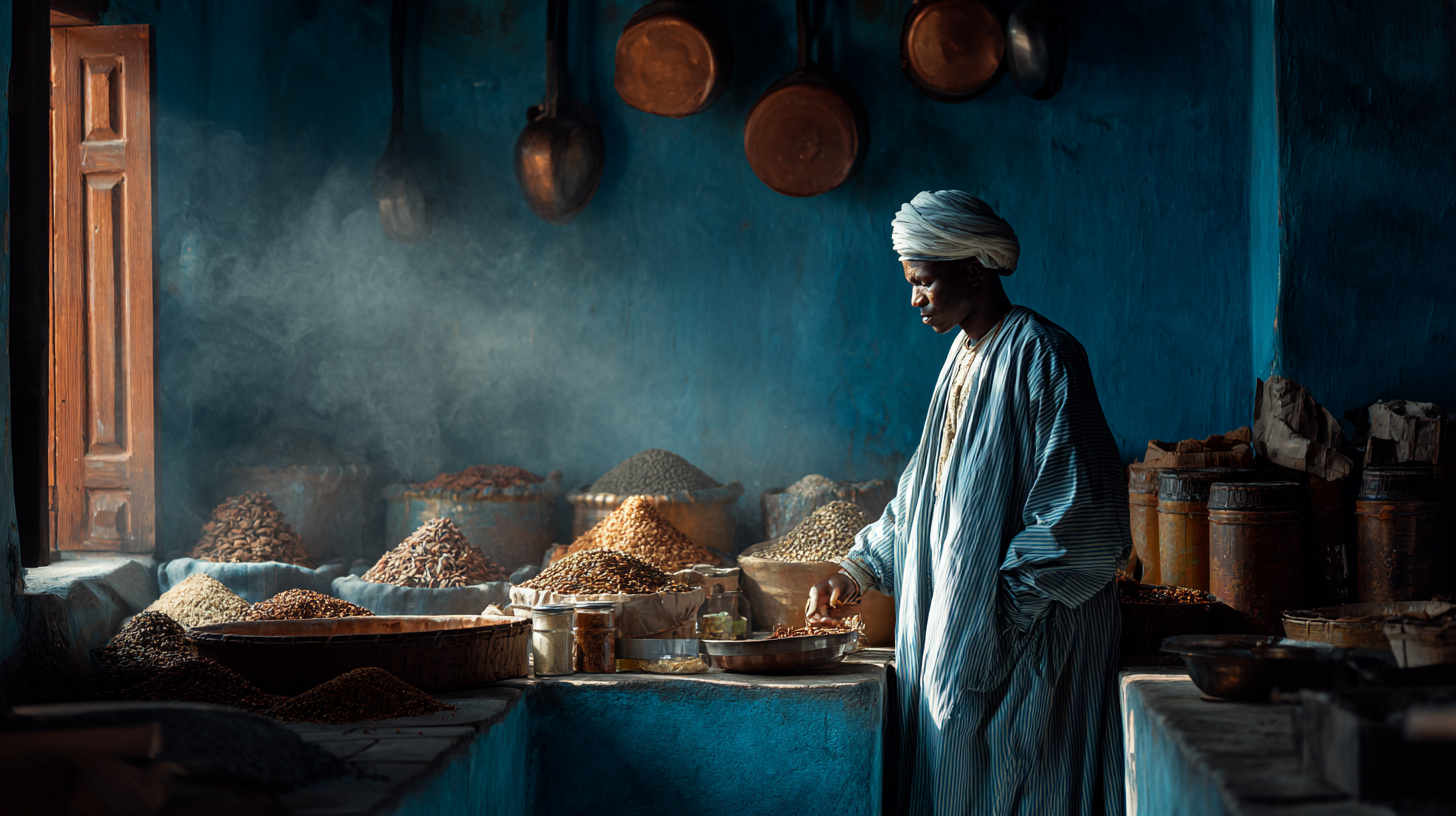 A man wearing a traditional robe and turban stands in a dimly lit room with blue walls. He is surrounded by various piles of spices and grains displayed in sacks and containers. Sunlight streams in through a wooden door, illuminating the scene and creating a smoky atmosphere. Copper pots hang on the wall in the background.