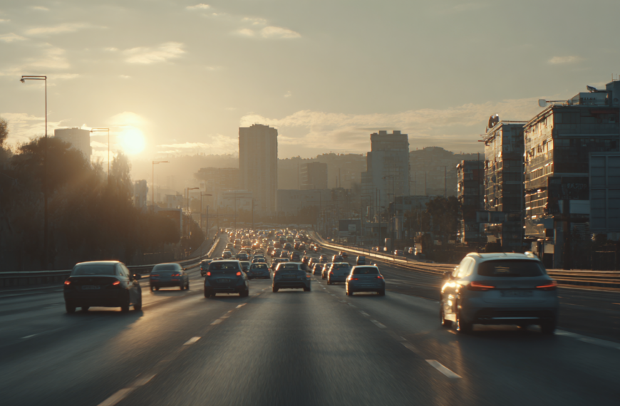 A busy highway with multiple lanes of traffic is shown during sunset. The sun is low in the sky, casting a warm glow over the scene. Tall buildings line the road on the right, and trees are visible on the left. The sky is partly cloudy, adding to the dramatic lighting.