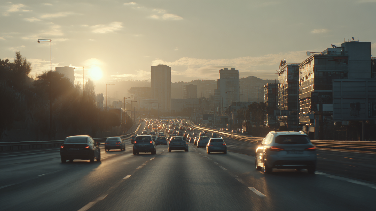 A busy highway with multiple lanes of traffic is shown during sunset. The sun is low in the sky, casting a warm glow over the scene. Tall buildings line the road on the right, and trees are visible on the left. The sky is partly cloudy, adding to the dramatic lighting.