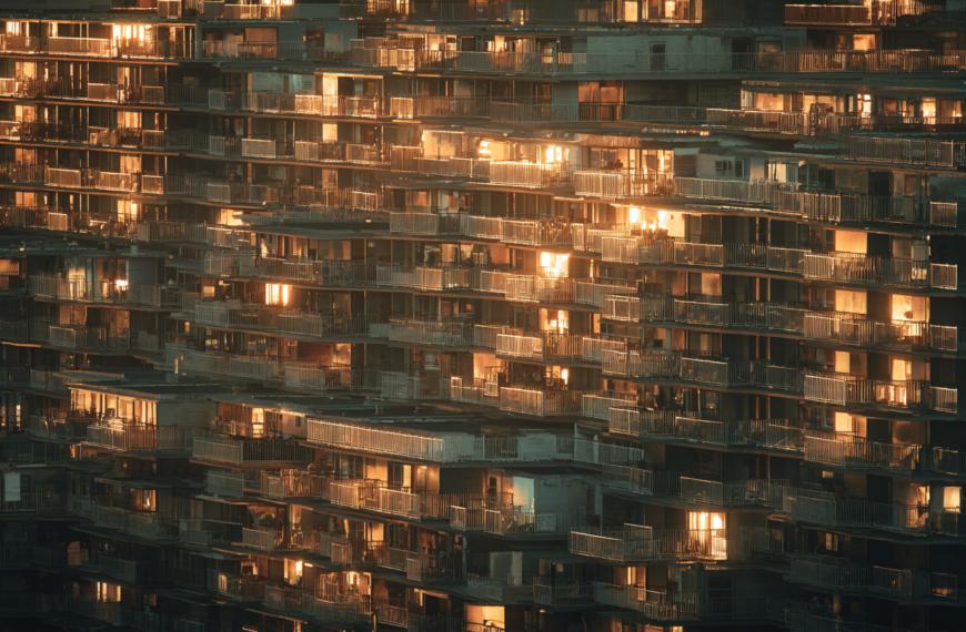 The image shows a large apartment building with numerous balconies. The building is illuminated by the warm glow of the setting or rising sun, creating a golden reflection on the windows and balconies. The structure appears densely packed, with multiple floors and a repetitive architectural pattern.