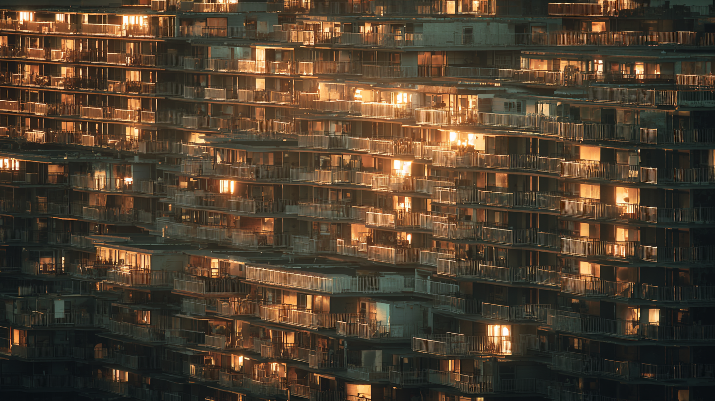 The image shows a large apartment building with numerous balconies. The building is illuminated by the warm glow of the setting or rising sun, creating a golden reflection on the windows and balconies. The structure appears densely packed, with multiple floors and a repetitive architectural pattern.