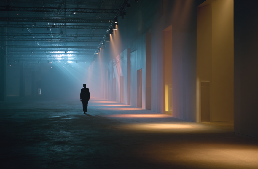 A person is walking alone in a large, dimly lit industrial space. The ceiling is high with visible metal beams and spotlights casting beams of light onto the floor. The walls on the right have a series of doorways, each illuminated by warm, colored lights. The atmosphere is moody and atmospheric, with a mix of blue and orange hues.