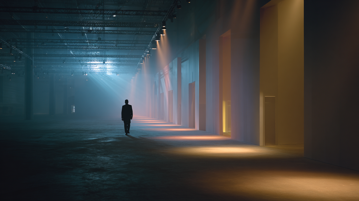 A person is walking alone in a large, dimly lit industrial space. The ceiling is high with visible metal beams and spotlights casting beams of light onto the floor. The walls on the right have a series of doorways, each illuminated by warm, colored lights. The atmosphere is moody and atmospheric, with a mix of blue and orange hues.