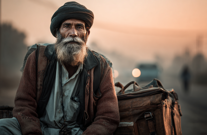 An elderly man with a long beard and wearing a turban is sitting on the side of a road. He is dressed in layered clothing, including a jacket and a shirt. Next to him is a large, worn leather bag. The background is blurred, showing a road with a vehicle and a person walking in the distance, under a warm, hazy sky.