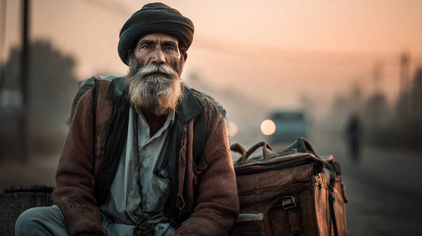 An elderly man with a long beard and wearing a turban is sitting on the side of a road. He is dressed in layered clothing, including a jacket and a shirt. Next to him is a large, worn leather bag. The background is blurred, showing a road with a vehicle and a person walking in the distance, under a warm, hazy sky.