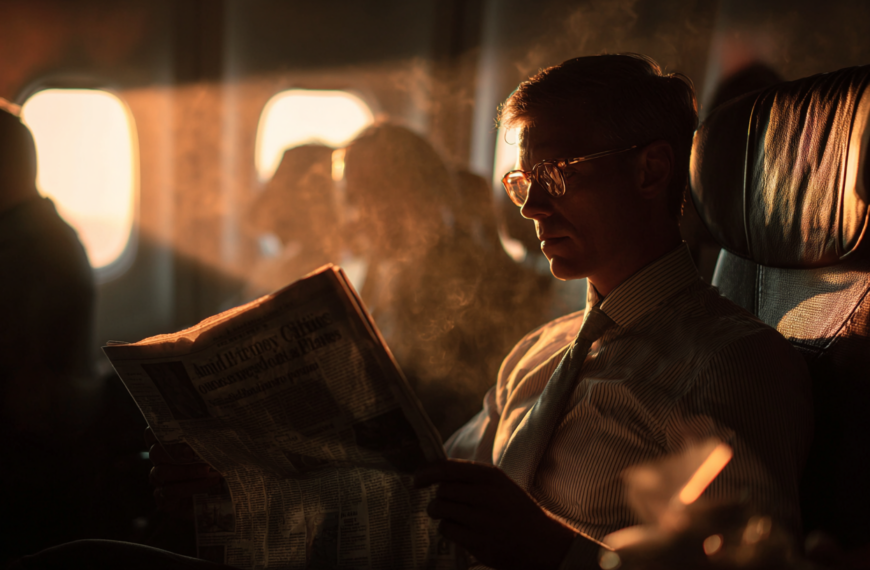 A man is sitting in an airplane seat, reading a newspaper. The warm glow of sunlight streams through the window, casting a soft light on him. He is wearing glasses and a striped shirt with a tie. The atmosphere is calm and reflective, with other passengers visible in the background.