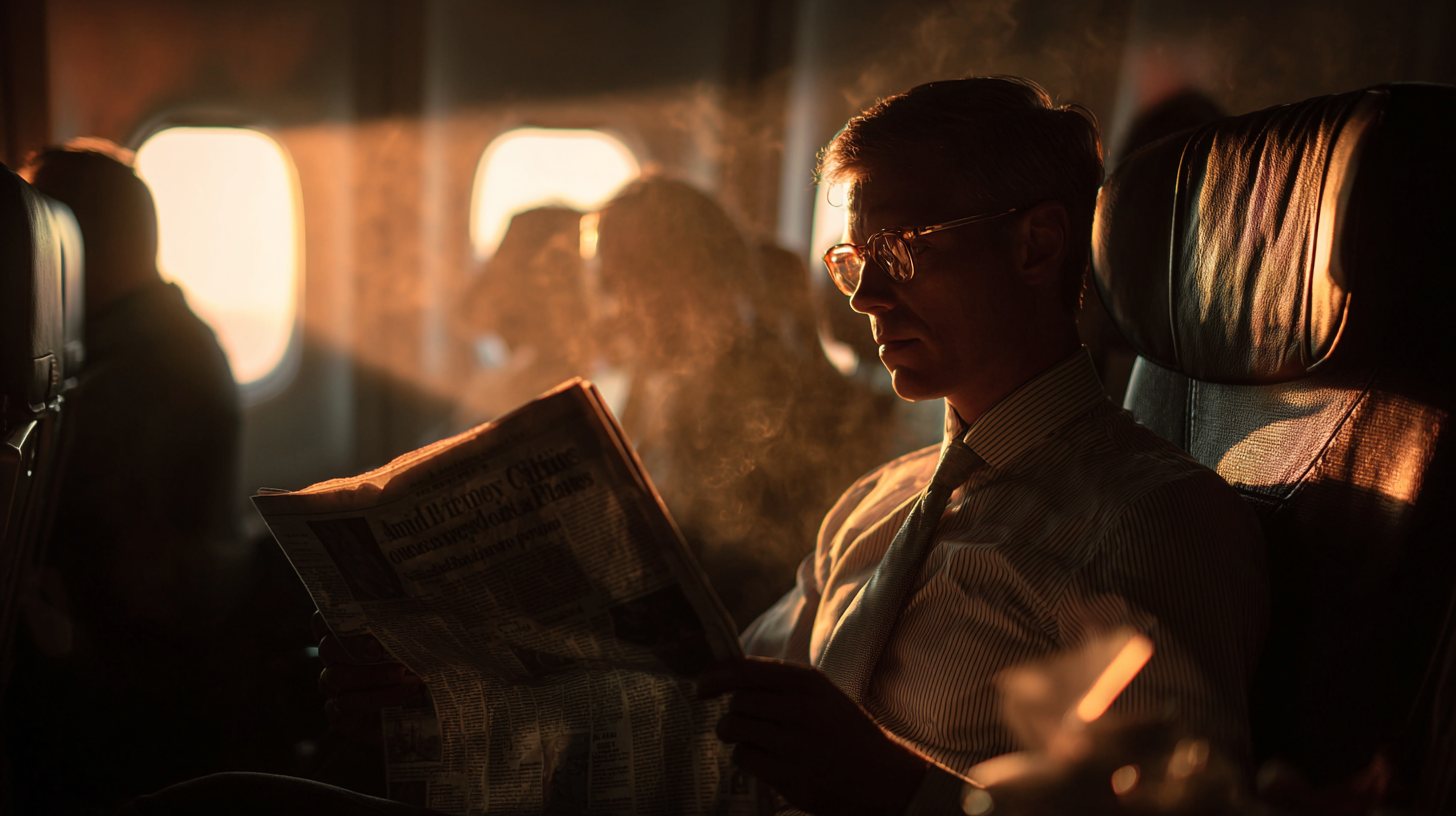 A man is sitting in an airplane seat, reading a newspaper. The warm glow of sunlight streams through the window, casting a soft light on him. He is wearing glasses and a striped shirt with a tie. The atmosphere is calm and reflective, with other passengers visible in the background.