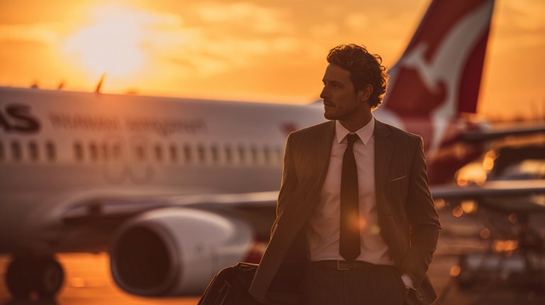 A man in a suit is walking on an airport tarmac during sunset, carrying a suitcase. An airplane is visible in the background with a blurred logo on the tail. The sky is a warm orange, creating a dramatic silhouette effect.