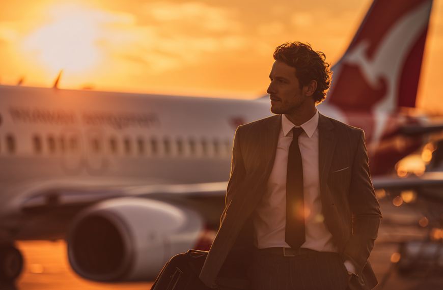 A man in a suit is walking on an airport tarmac during sunset, carrying a suitcase. An airplane is visible in the background with a blurred logo on the tail. The sky is a warm orange, creating a dramatic silhouette effect.