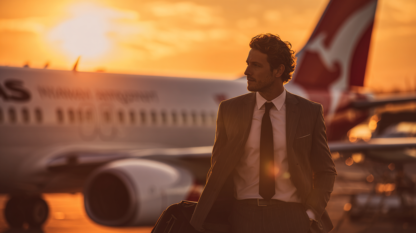 A man in a suit is walking on an airport tarmac during sunset, carrying a suitcase. An airplane is visible in the background with a blurred logo on the tail. The sky is a warm orange, creating a dramatic silhouette effect.
