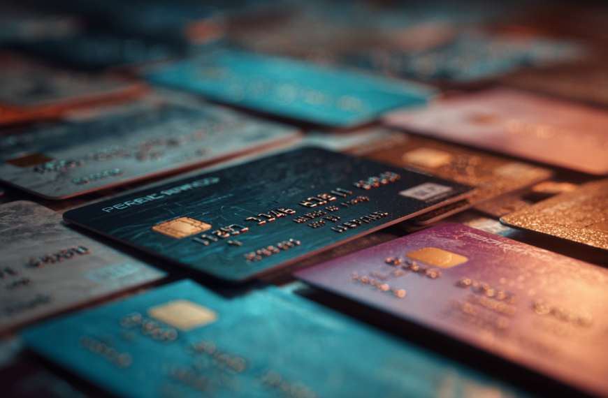 The image shows a close-up view of several credit cards arranged in a scattered manner. The cards are of various colors, including blue, purple, and gold, and feature embossed numbers and chip technology. The focus is on the central card, with others slightly blurred in the background, creating a depth-of-field effect.