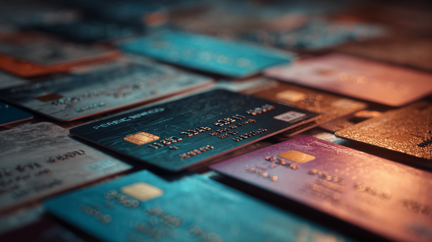 The image shows a close-up view of several credit cards arranged in a scattered manner. The cards are of various colors, including blue, purple, and gold, and feature embossed numbers and chip technology. The focus is on the central card, with others slightly blurred in the background, creating a depth-of-field effect.