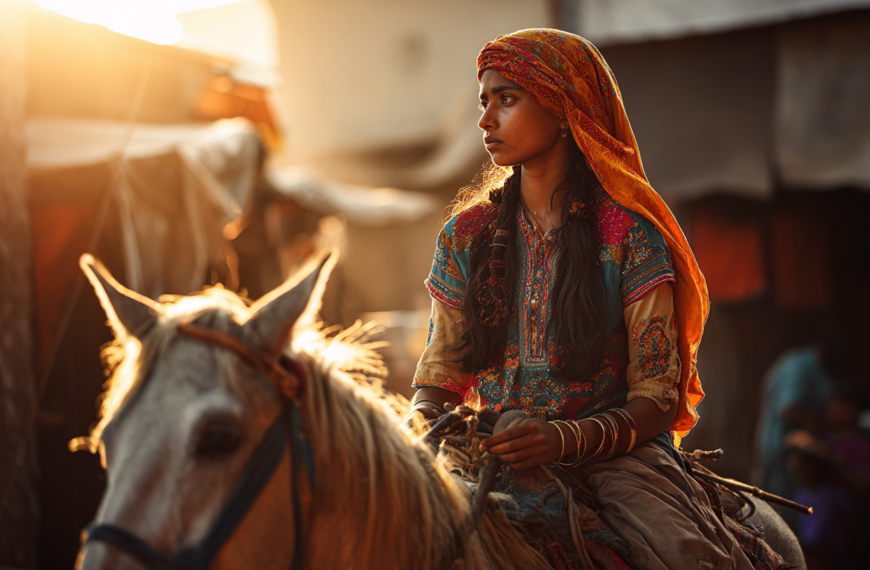 A young woman wearing colorful traditional clothing and a headscarf is riding a white horse. The scene is set in a sunlit outdoor market or village area, with blurred tents and people in the background. The warm sunlight creates a soft, golden glow around her.