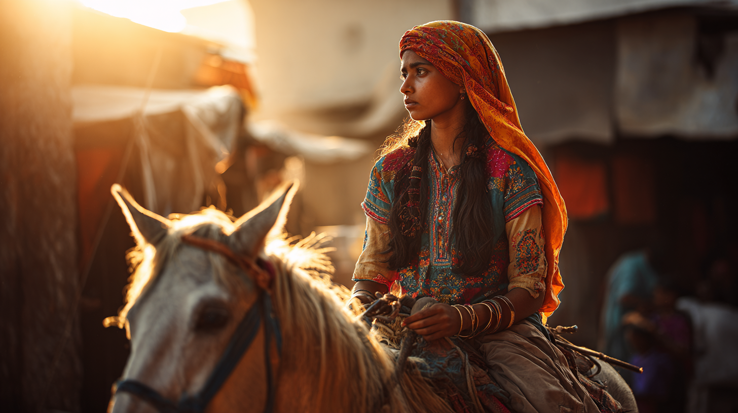 A young woman wearing colorful traditional clothing and a headscarf is riding a white horse. The scene is set in a sunlit outdoor market or village area, with blurred tents and people in the background. The warm sunlight creates a soft, golden glow around her.
