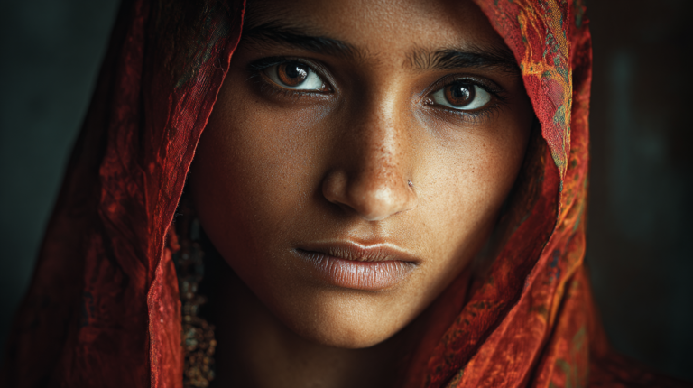 A close-up portrait of a person with a serious expression, wearing a red patterned headscarf. The focus is on their eyes, which are looking directly at the camera. The lighting highlights the texture of their skin and the fabric of the scarf.