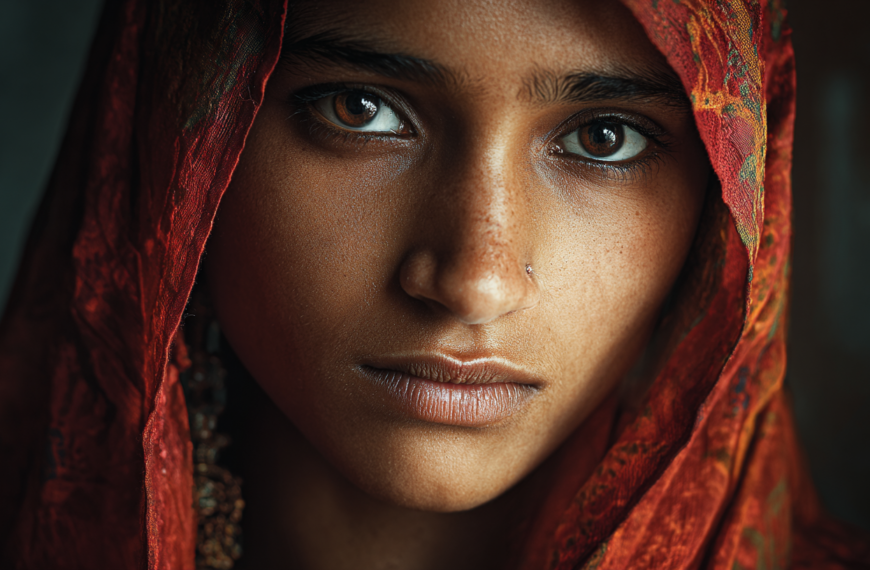A close-up portrait of a person with a serious expression, wearing a red patterned headscarf. The focus is on their eyes, which are looking directly at the camera. The lighting highlights the texture of their skin and the fabric of the scarf.