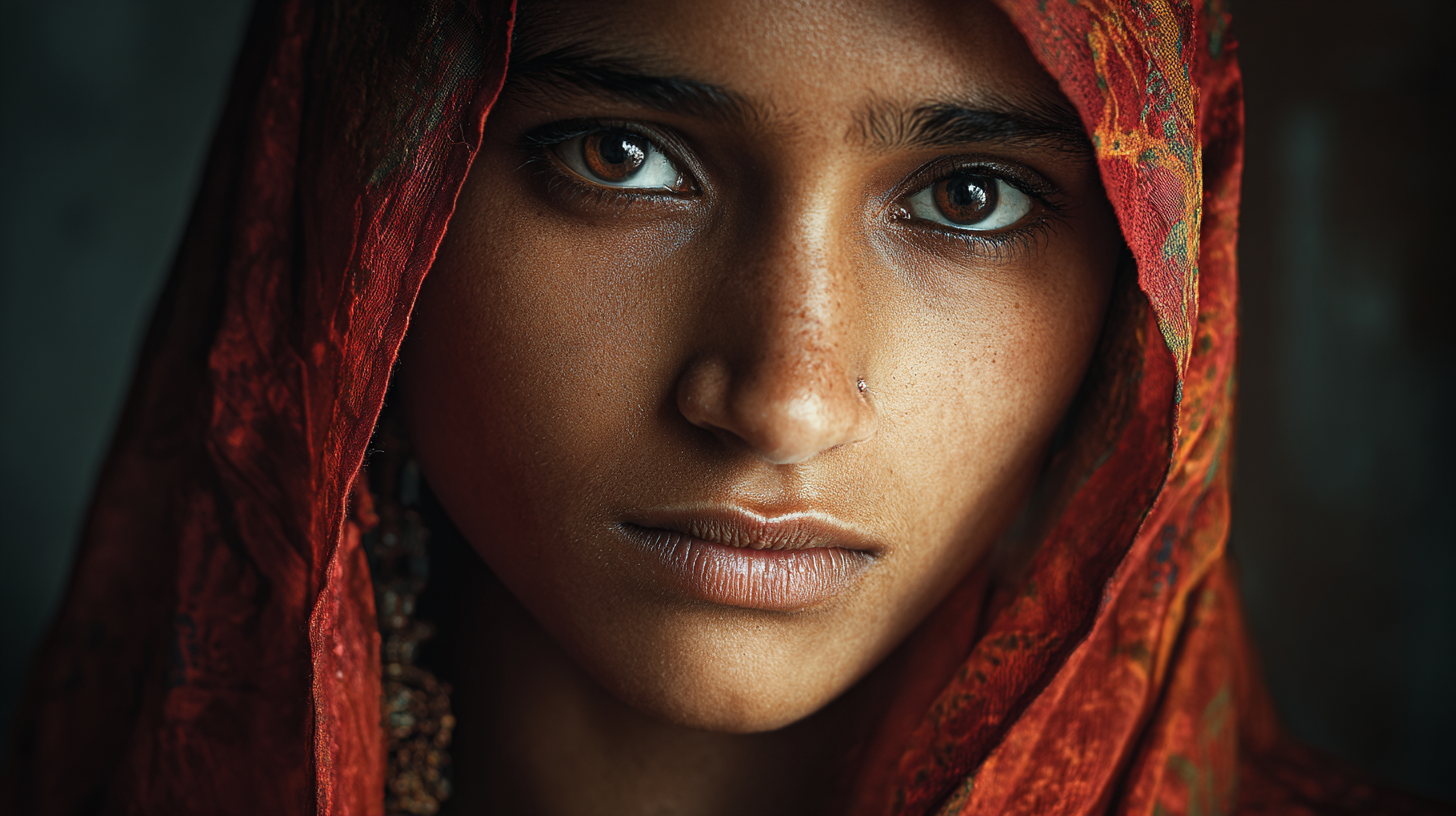 A close-up portrait of a person with a serious expression, wearing a red patterned headscarf. The focus is on their eyes, which are looking directly at the camera. The lighting highlights the texture of their skin and the fabric of the scarf.