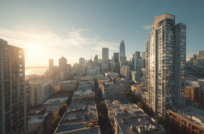 A cityscape view of San Francisco at sunset, featuring a mix of modern and older buildings. The skyline includes prominent skyscrapers, with the sun setting in the background, casting a warm glow over the scene. The Bay Bridge is visible in the distance on the left side.