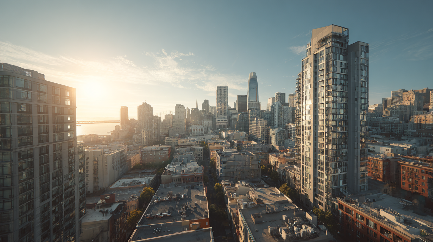 A cityscape view of San Francisco at sunset, featuring a mix of modern and older buildings. The skyline includes prominent skyscrapers, with the sun setting in the background, casting a warm glow over the scene. The Bay Bridge is visible in the distance on the left side.