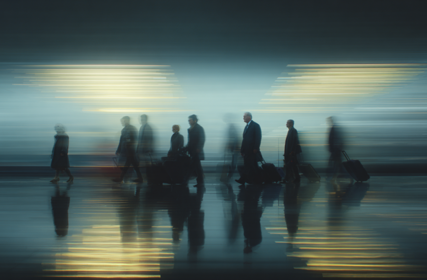 A group of people is walking in an airport terminal, each pulling a suitcase. The image has a motion blur effect, creating a sense of speed and movement. The background features bright, linear lights, adding to the dynamic atmosphere.