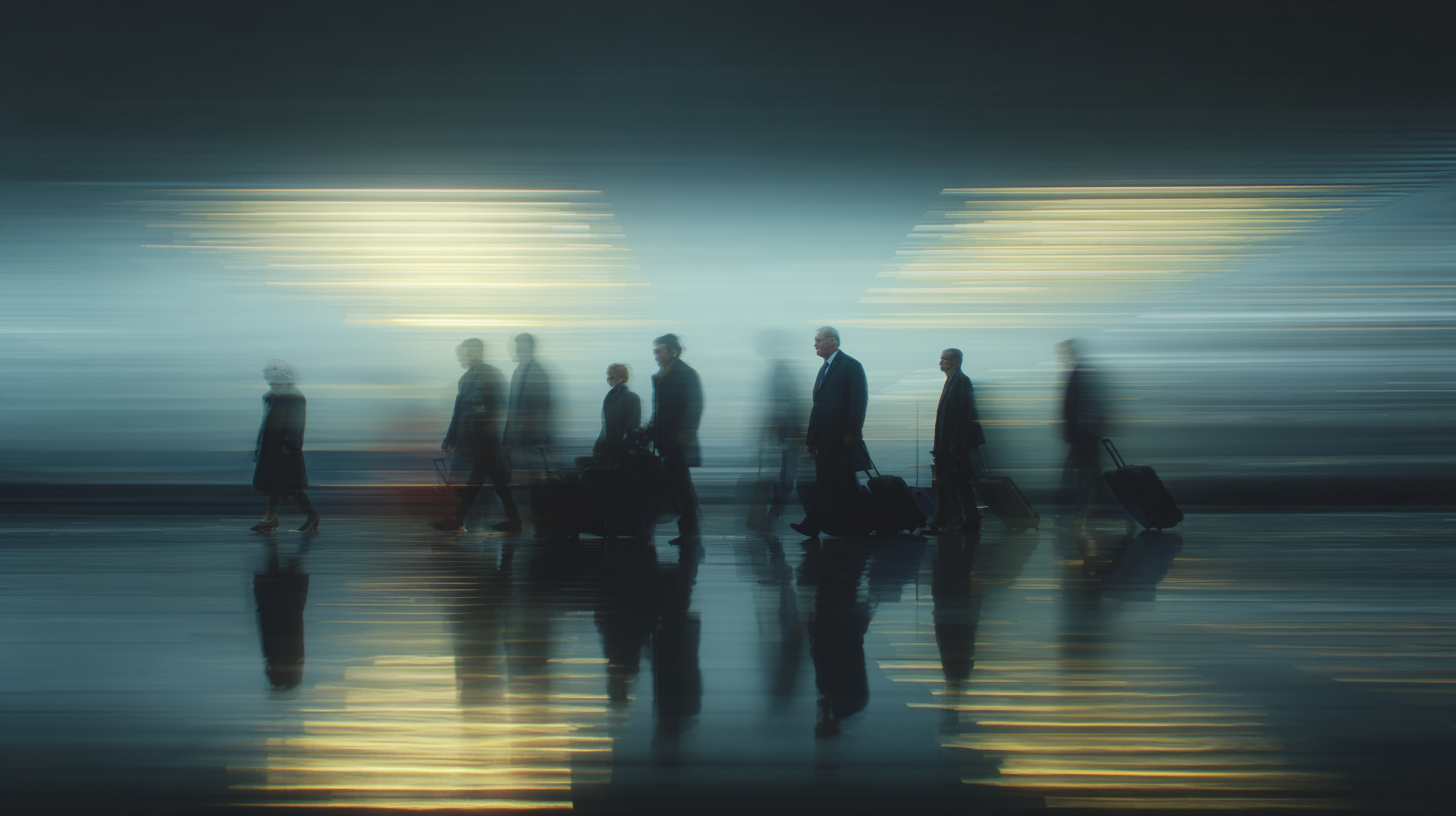 A group of people is walking in an airport terminal, each pulling a suitcase. The image has a motion blur effect, creating a sense of speed and movement. The background features bright, linear lights, adding to the dynamic atmosphere.