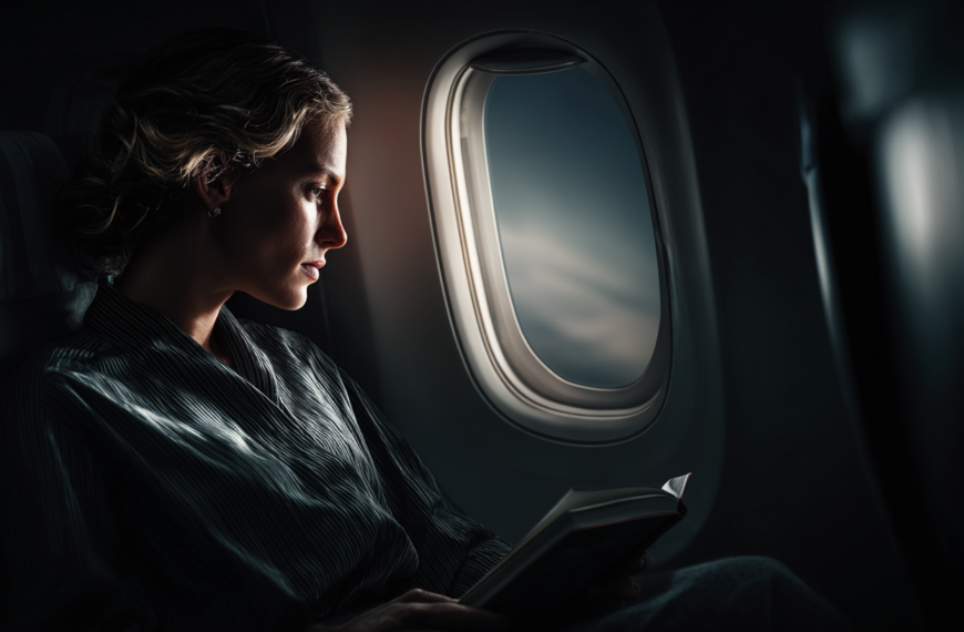 A person is sitting in an airplane seat, reading a book. The scene is dimly lit, with light coming from the airplane window, through which a cloudy sky is visible. The person appears focused on the book, and the atmosphere is calm and introspective.
