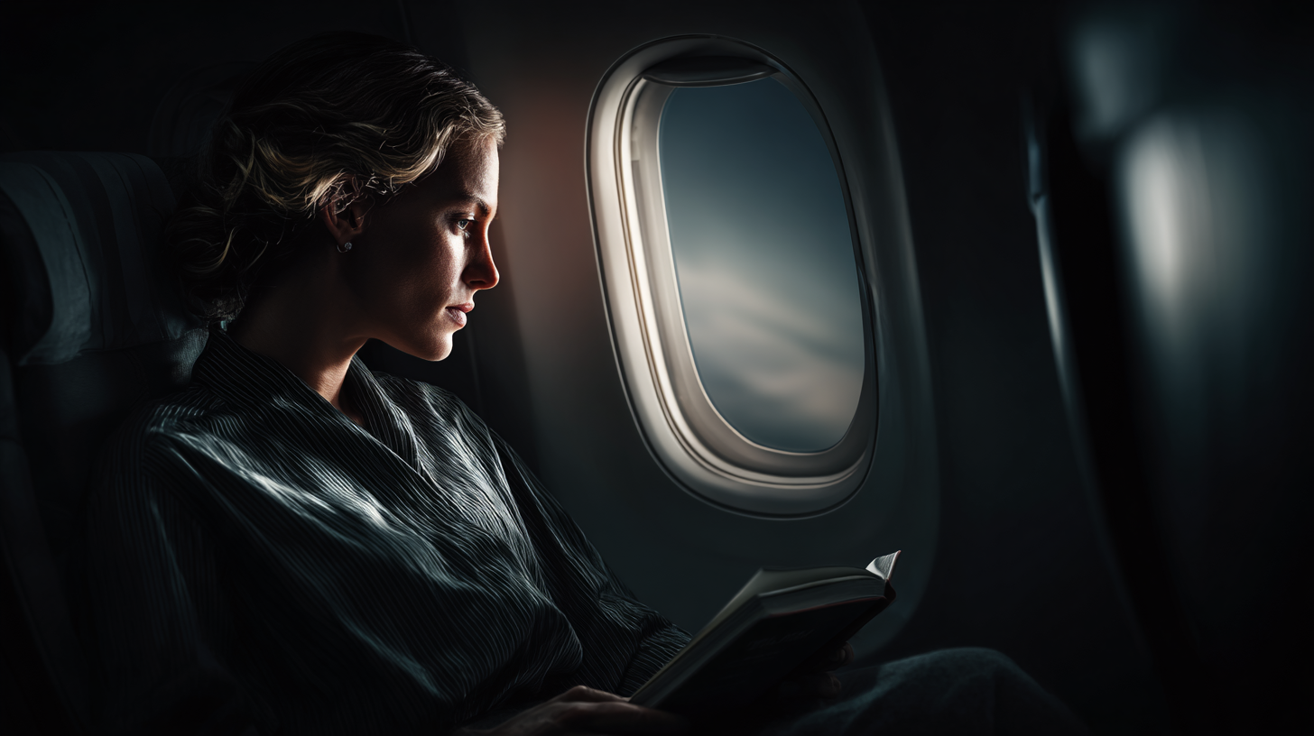 A person is sitting in an airplane seat, reading a book. The scene is dimly lit, with light coming from the airplane window, through which a cloudy sky is visible. The person appears focused on the book, and the atmosphere is calm and introspective.