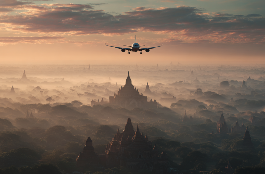 A plane is flying over a misty landscape filled with ancient temples and pagodas. The scene is set during sunrise or sunset, with a dramatic sky and soft, diffused light creating a serene and mystical atmosphere.