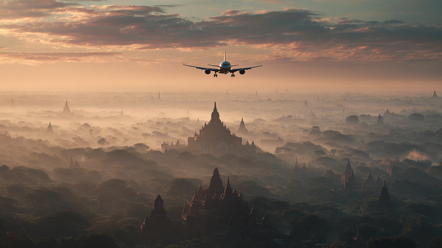 A plane is flying over a misty landscape filled with ancient temples and pagodas. The scene is set during sunrise or sunset, with a dramatic sky and soft, diffused light creating a serene and mystical atmosphere.