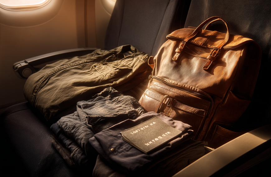 The image shows an airplane seat with a brown leather backpack and neatly folded clothes placed on it. Sunlight is streaming through the airplane window, illuminating the items.