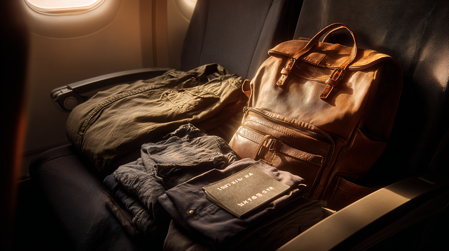The image shows an airplane seat with a brown leather backpack and neatly folded clothes placed on it. Sunlight is streaming through the airplane window, illuminating the items.