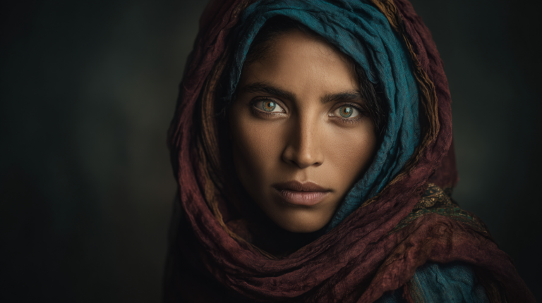 A person with striking green eyes is looking directly at the camera. They are wearing a colorful, textured headscarf in shades of blue and red. The background is dark and blurred, emphasizing the person's face.