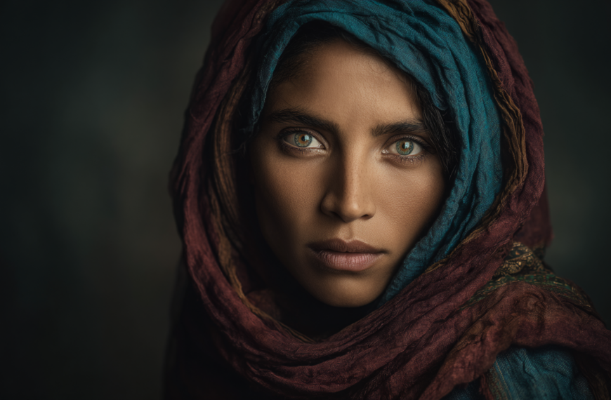A person with striking green eyes is looking directly at the camera. They are wearing a colorful, textured headscarf in shades of blue and red. The background is dark and blurred, emphasizing the person's face.