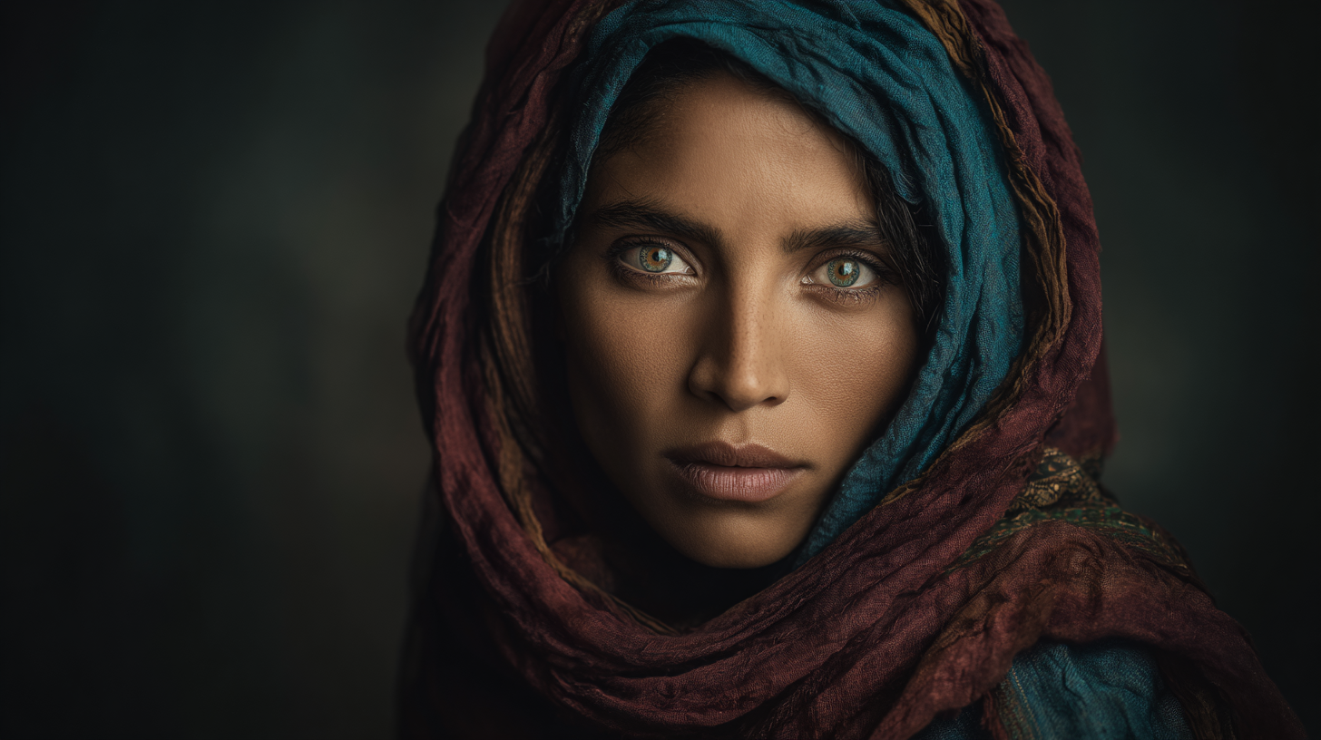 A person with striking green eyes is looking directly at the camera. They are wearing a colorful, textured headscarf in shades of blue and red. The background is dark and blurred, emphasizing the person's face.