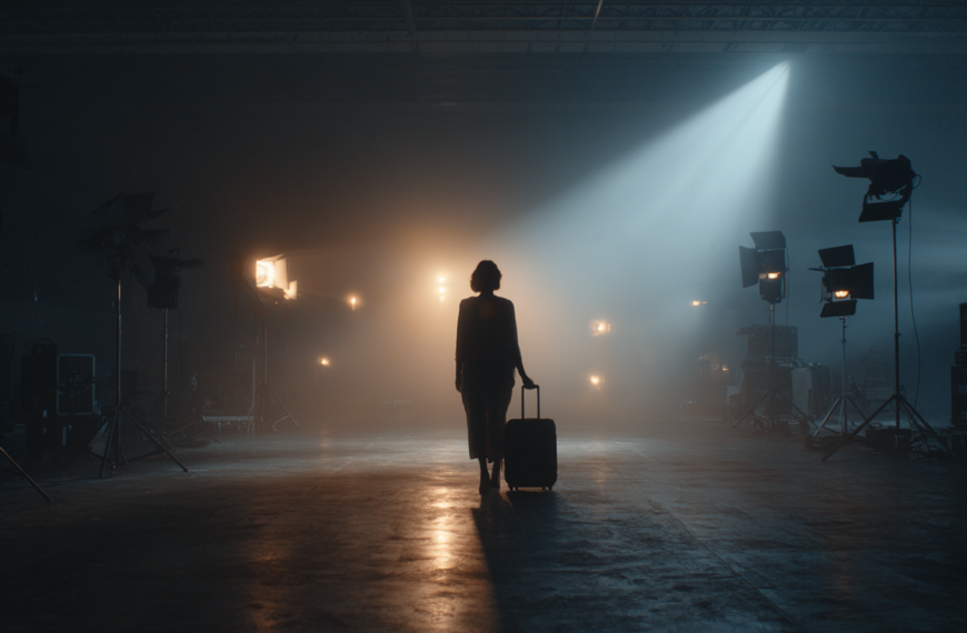 A silhouette of a person standing in a dimly lit studio, holding a suitcase. The background is illuminated by bright lights and surrounded by various studio equipment, creating a dramatic and atmospheric scene.