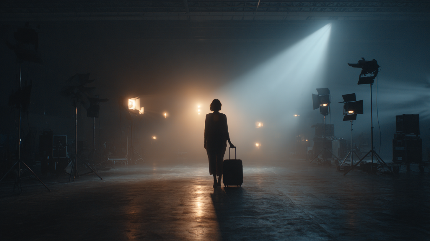 A silhouette of a person standing in a dimly lit studio, holding a suitcase. The background is illuminated by bright lights and surrounded by various studio equipment, creating a dramatic and atmospheric scene.