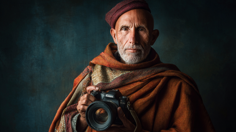 An older man with a white beard is wearing a textured, multicolored shawl and a matching hat. He is holding a Canon camera and looking directly at the viewer. The background is dark and textured, highlighting the subject.