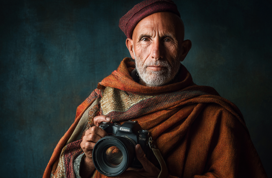 An older man with a white beard is wearing a textured, multicolored shawl and a matching hat. He is holding a Canon camera and looking directly at the viewer. The background is dark and textured, highlighting the subject.