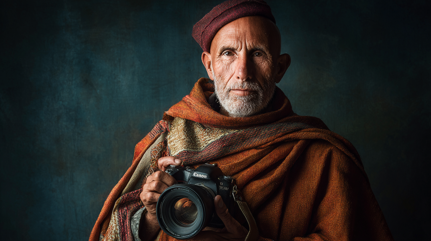 An older man with a white beard is wearing a textured, multicolored shawl and a matching hat. He is holding a Canon camera and looking directly at the viewer. The background is dark and textured, highlighting the subject.