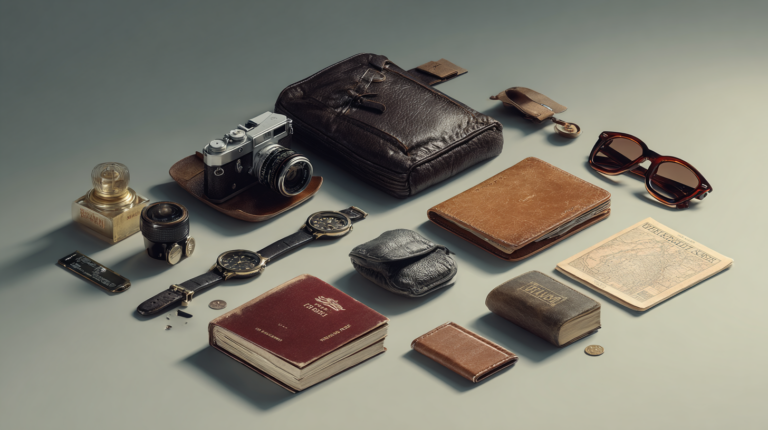 The image shows a neatly arranged collection of vintage travel items on a flat surface. These include a classic film camera with a leather case, a leather pouch, a pair of sunglasses, a wristwatch, a small leather wallet, a map, a passport, a book, a coin, a bottle of perfume, a camera lens, and a small tube of cream. The items are predominantly made of leather and metal, giving a retro and sophisticated feel.