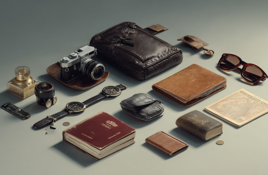 The image shows a neatly arranged collection of vintage travel items on a flat surface. These include a classic film camera with a leather case, a leather pouch, a pair of sunglasses, a wristwatch, a small leather wallet, a map, a passport, a book, a coin, a bottle of perfume, a camera lens, and a small tube of cream. The items are predominantly made of leather and metal, giving a retro and sophisticated feel.