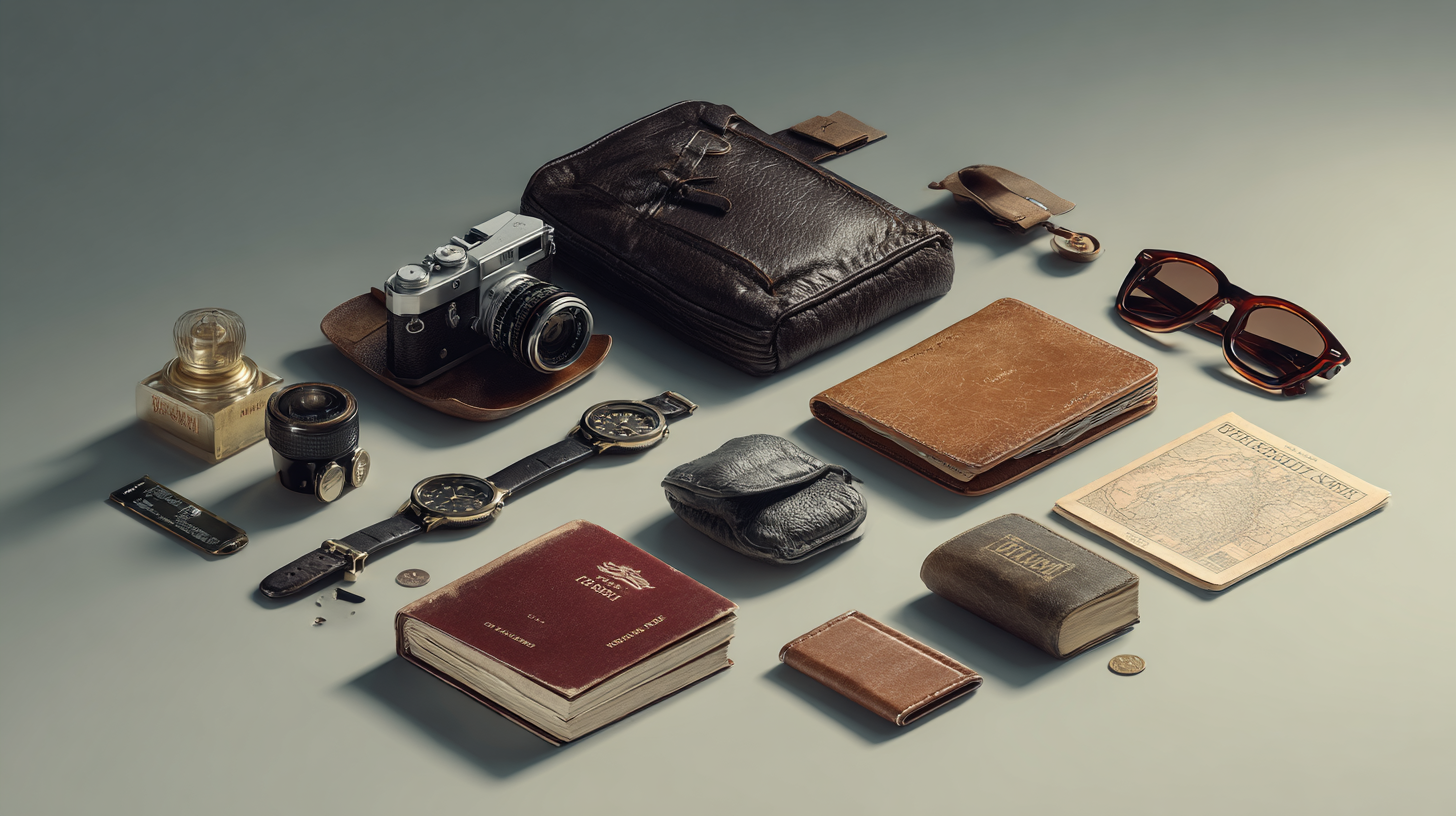 The image shows a neatly arranged collection of vintage travel items on a flat surface. These include a classic film camera with a leather case, a leather pouch, a pair of sunglasses, a wristwatch, a small leather wallet, a map, a passport, a book, a coin, a bottle of perfume, a camera lens, and a small tube of cream. The items are predominantly made of leather and metal, giving a retro and sophisticated feel.