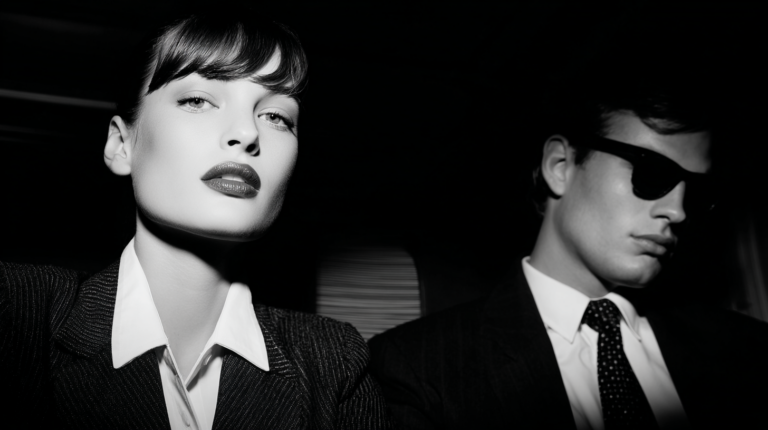 A black and white image of two people in formal attire. The person on the left is a woman with dark lipstick and bangs, wearing a pinstripe suit and a white collared shirt. The person on the right is a man wearing sunglasses, a suit, and a polka dot tie. The lighting is dramatic, highlighting their faces against a dark background.