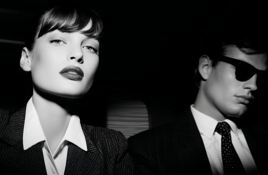 A black and white image of two people in formal attire. The person on the left is a woman with dark lipstick and bangs, wearing a pinstripe suit and a white collared shirt. The person on the right is a man wearing sunglasses, a suit, and a polka dot tie. The lighting is dramatic, highlighting their faces against a dark background.