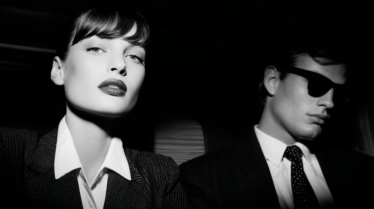 A black and white image of two people in formal attire. The person on the left is a woman with dark lipstick and bangs, wearing a pinstripe suit and a white collared shirt. The person on the right is a man wearing sunglasses, a suit, and a polka dot tie. The lighting is dramatic, highlighting their faces against a dark background.