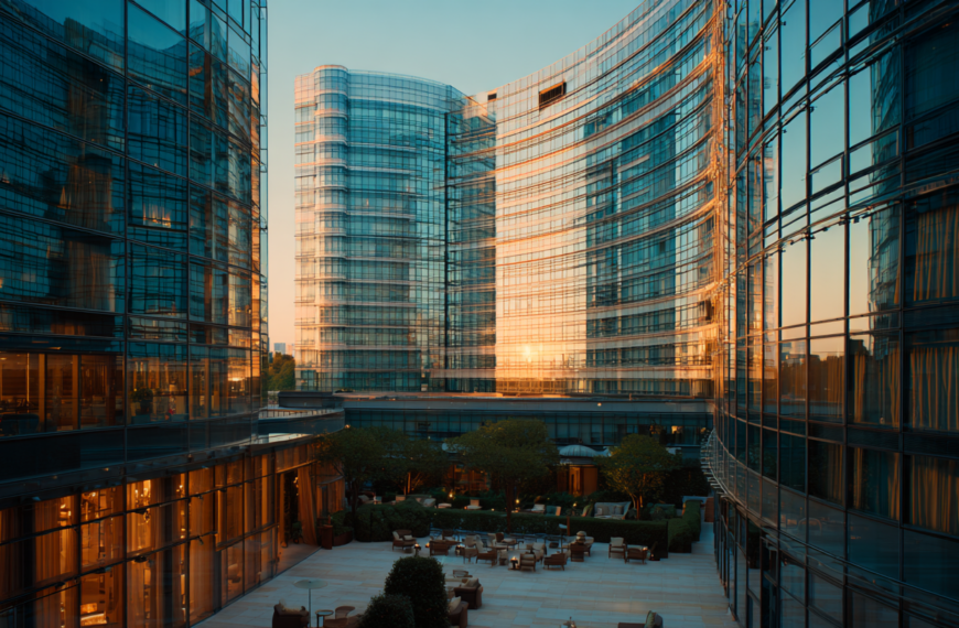 The image shows a modern architectural scene with tall glass buildings reflecting the warm light of a sunset. The buildings have a curved design and are situated around an open courtyard area. The courtyard features outdoor seating and is surrounded by greenery, including trees and shrubs. The sky is clear, adding to the serene atmosphere.