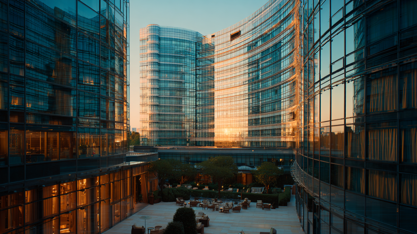 The image shows a modern architectural scene with tall glass buildings reflecting the warm light of a sunset. The buildings have a curved design and are situated around an open courtyard area. The courtyard features outdoor seating and is surrounded by greenery, including trees and shrubs. The sky is clear, adding to the serene atmosphere.
