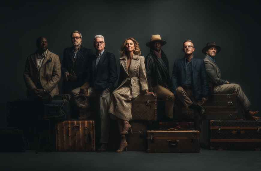 A group of seven people, dressed in formal and stylish attire, are sitting and standing on a stack of vintage suitcases. The background is dark, highlighting the individuals and the luggage. The scene has a classic and sophisticated atmosphere.