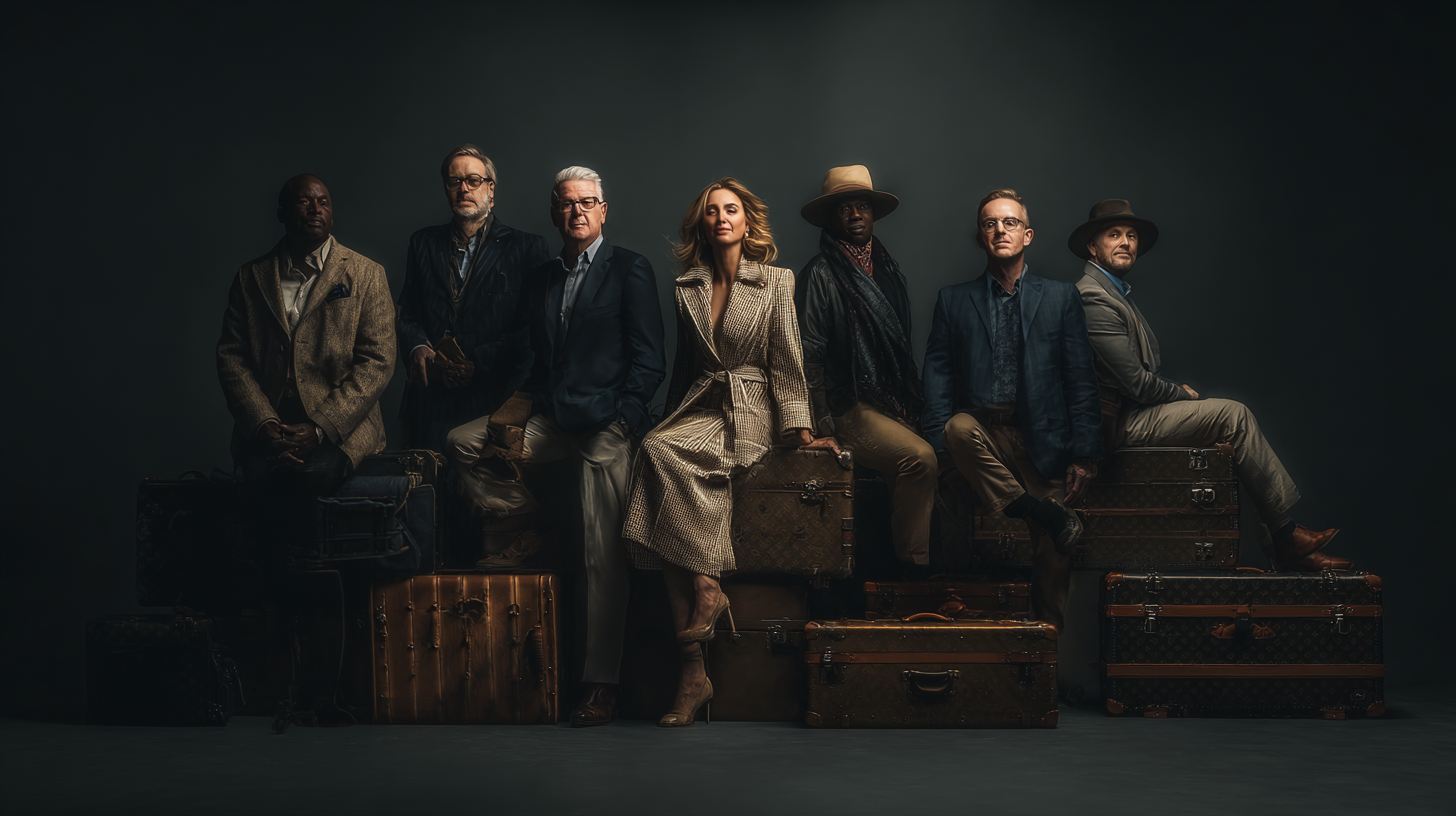 A group of seven people, dressed in formal and stylish attire, are sitting and standing on a stack of vintage suitcases. The background is dark, highlighting the individuals and the luggage. The scene has a classic and sophisticated atmosphere.